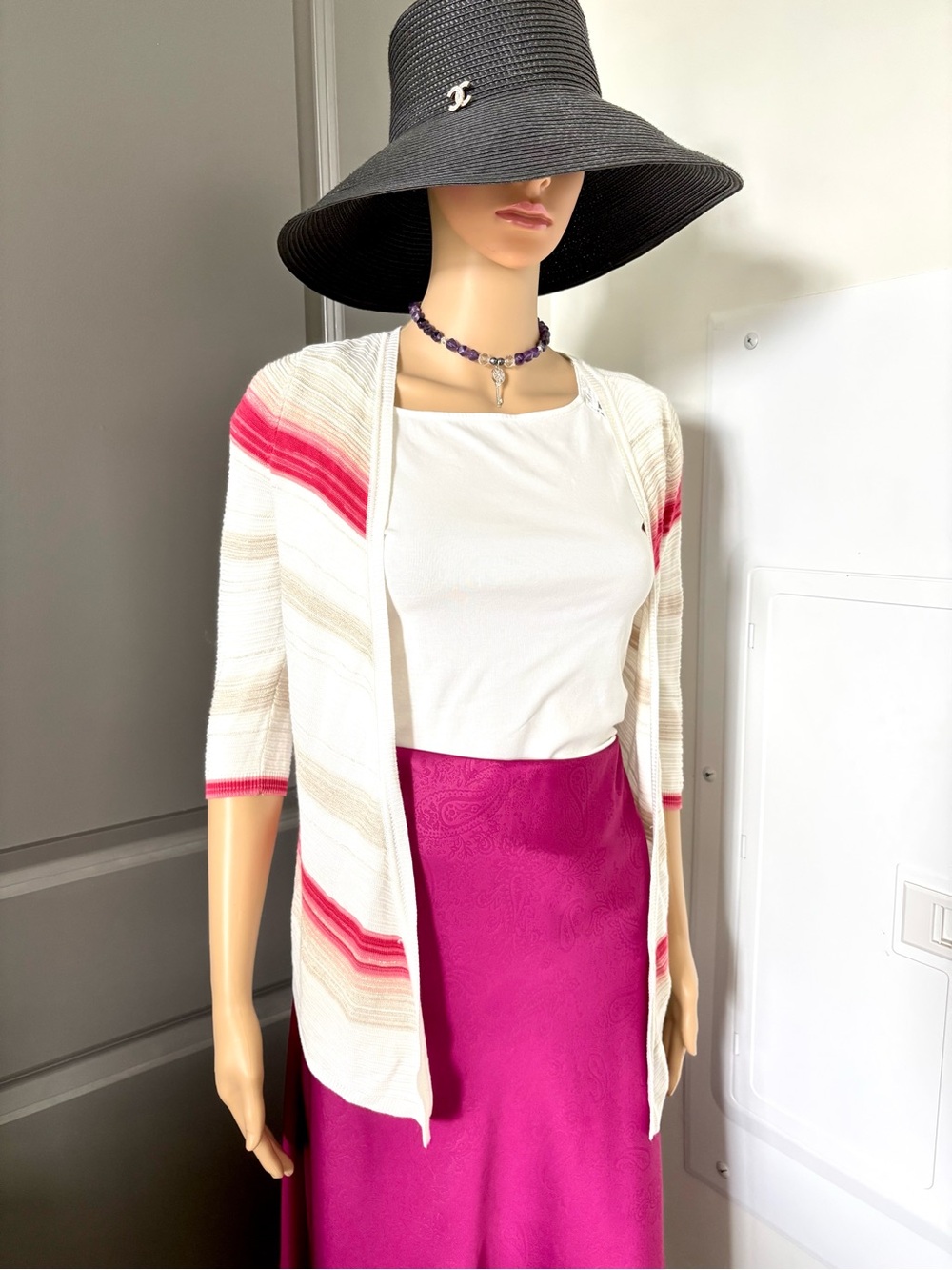 White House Black Market white Cardigan with Pink Stripe Accents size S
